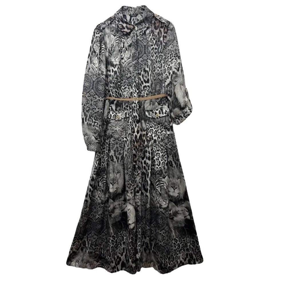 Marciano Guess Animal Print Maxi Shirt Dress Leopard Lion Tiger Gray US XL NWT